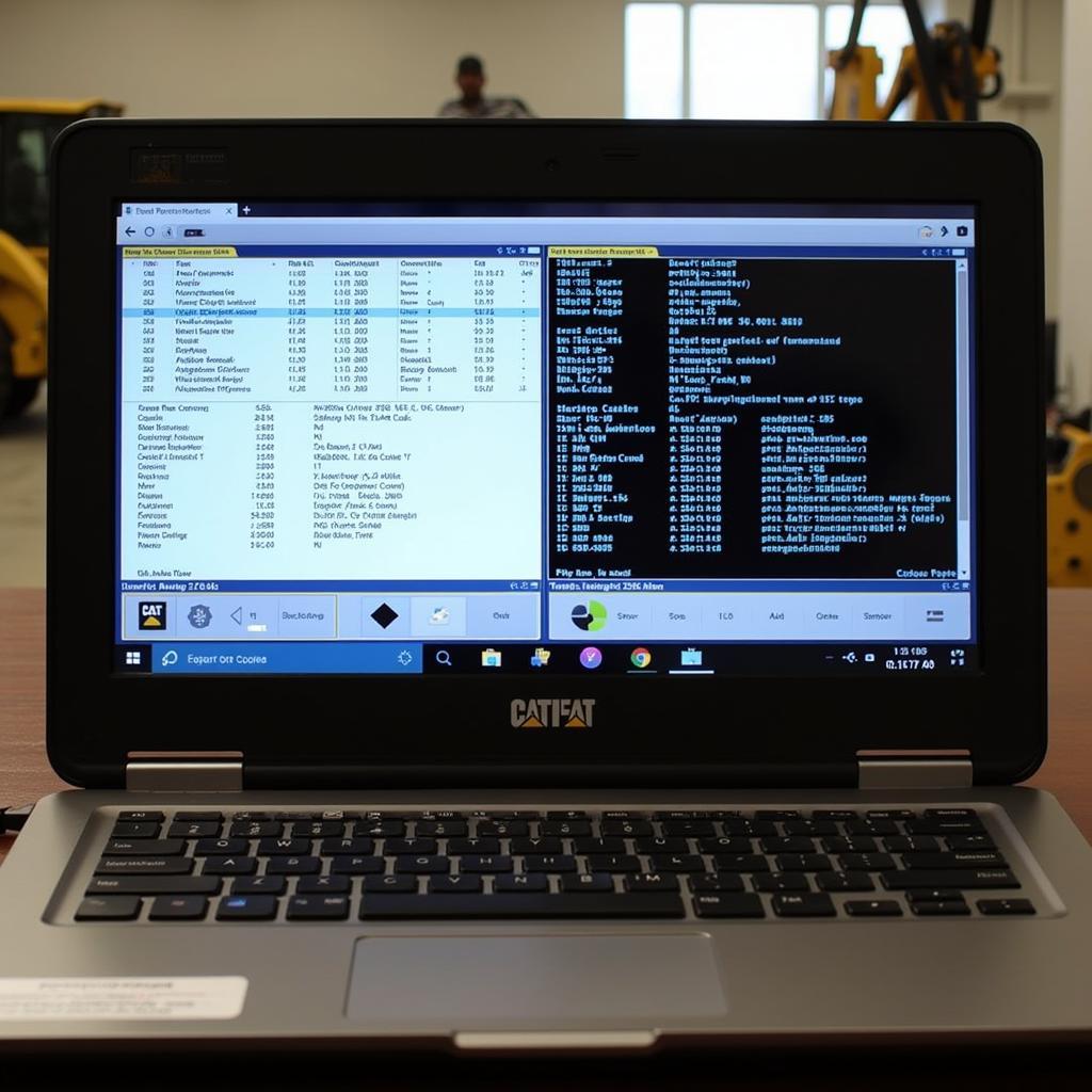 Caterpillar ET Diagnostic Software displayed on a laptop screen, showing engine parameters and diagnostic codes.