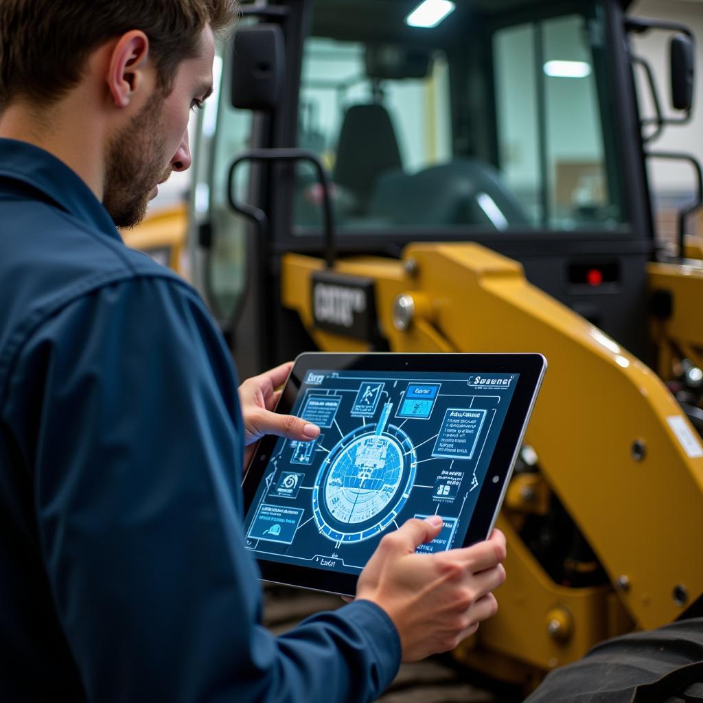 A technician remotely diagnosing a Caterpillar machine using a tablet, with a visual overlay of the machine's systems.