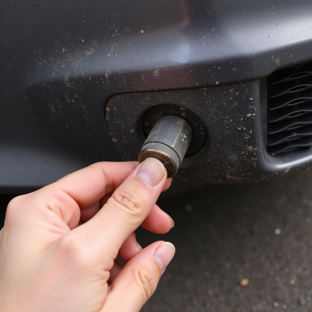 A close-up view of a car's parking sensors being inspected for physical damage and obstructions.