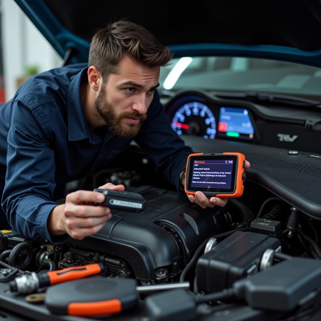 Closed Diagnostic Tool Limitations: A mechanic struggling to diagnose a car problem due to limited access to vehicle data from a closed diagnostic system.