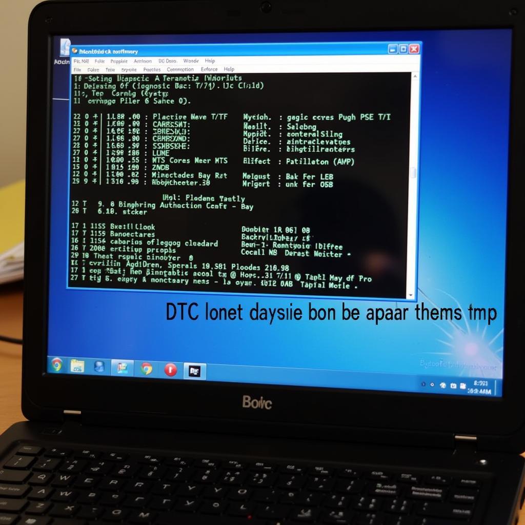 Diagnostic software showing DTC codes on a Windows 7 laptop