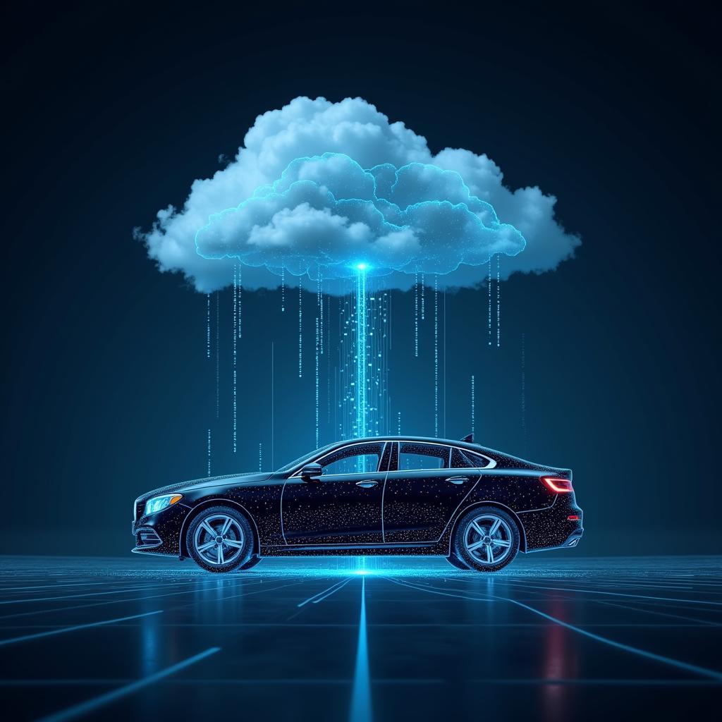 A futuristic representation of automotive diagnostics involving cloud connectivity and AI.