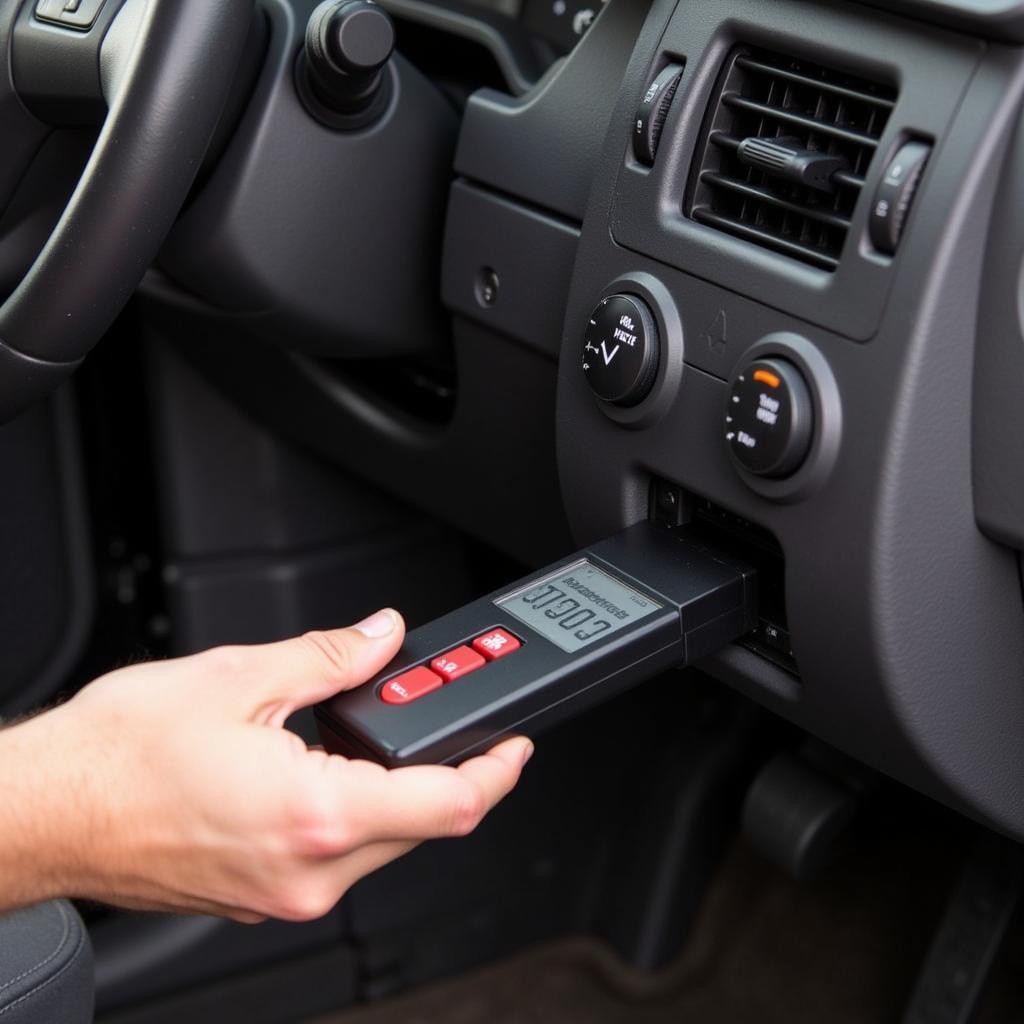 A mechanic connecting the Maximus Lite diagnostic scan tool to a car's OBD-II port.