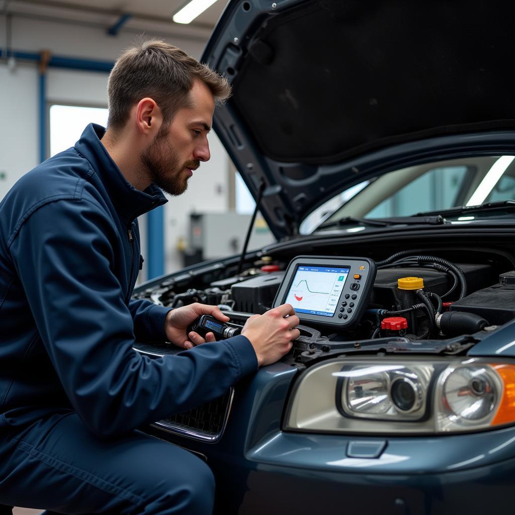 Mechanic Diagnosing a V70 Volvo with Specialized Tools