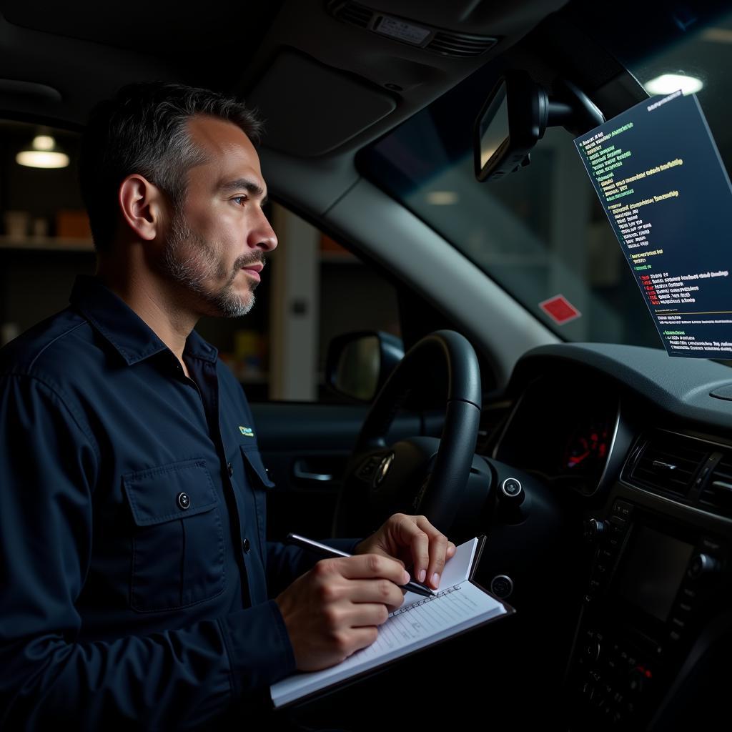 Mechanic Analyzing Diagnostic Trouble Codes on a Scan Tool Screen