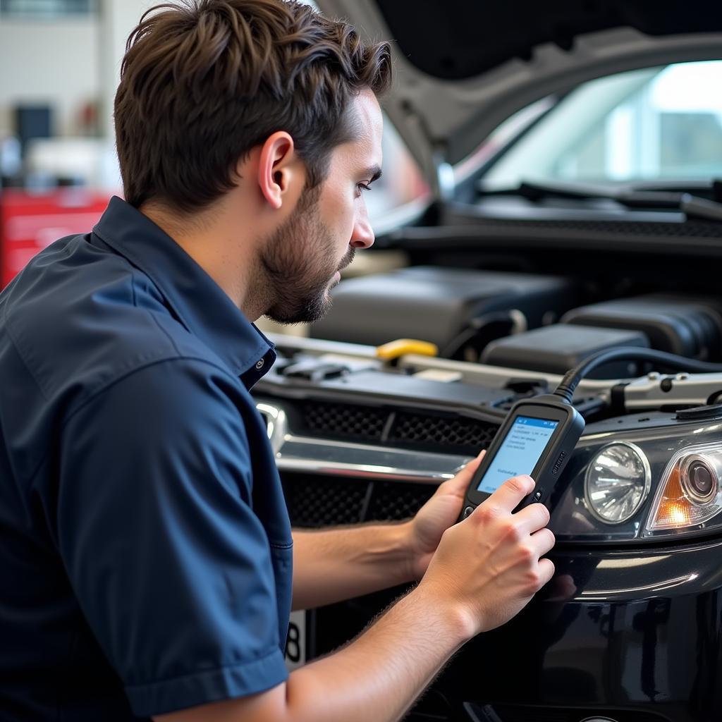 Mechanic using Acura TSX OEM scan tool for diagnostics and repair