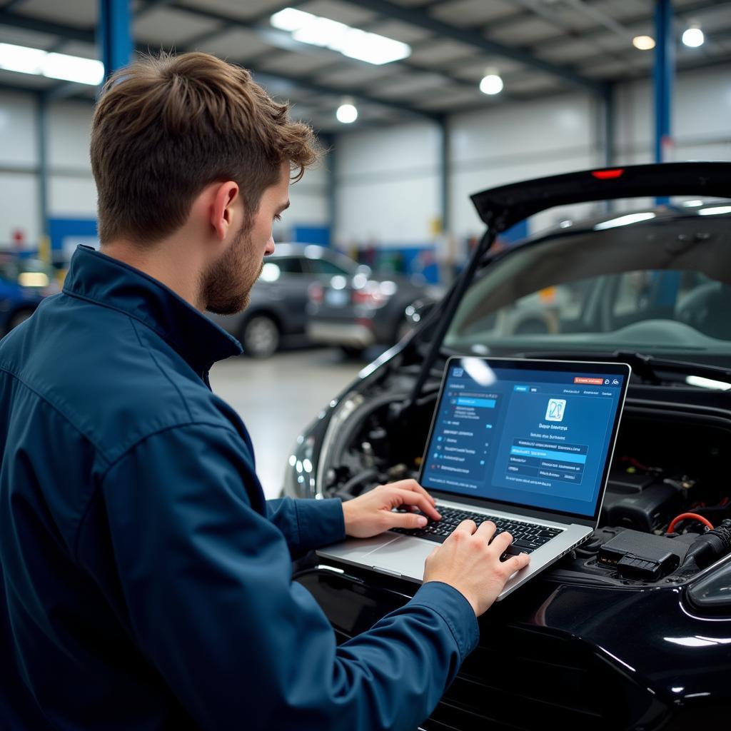 Mechanic using an antivirus scan tool to diagnose a car