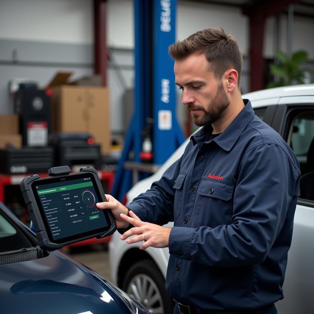 Mechanic Using Autel AP200 in Workshop