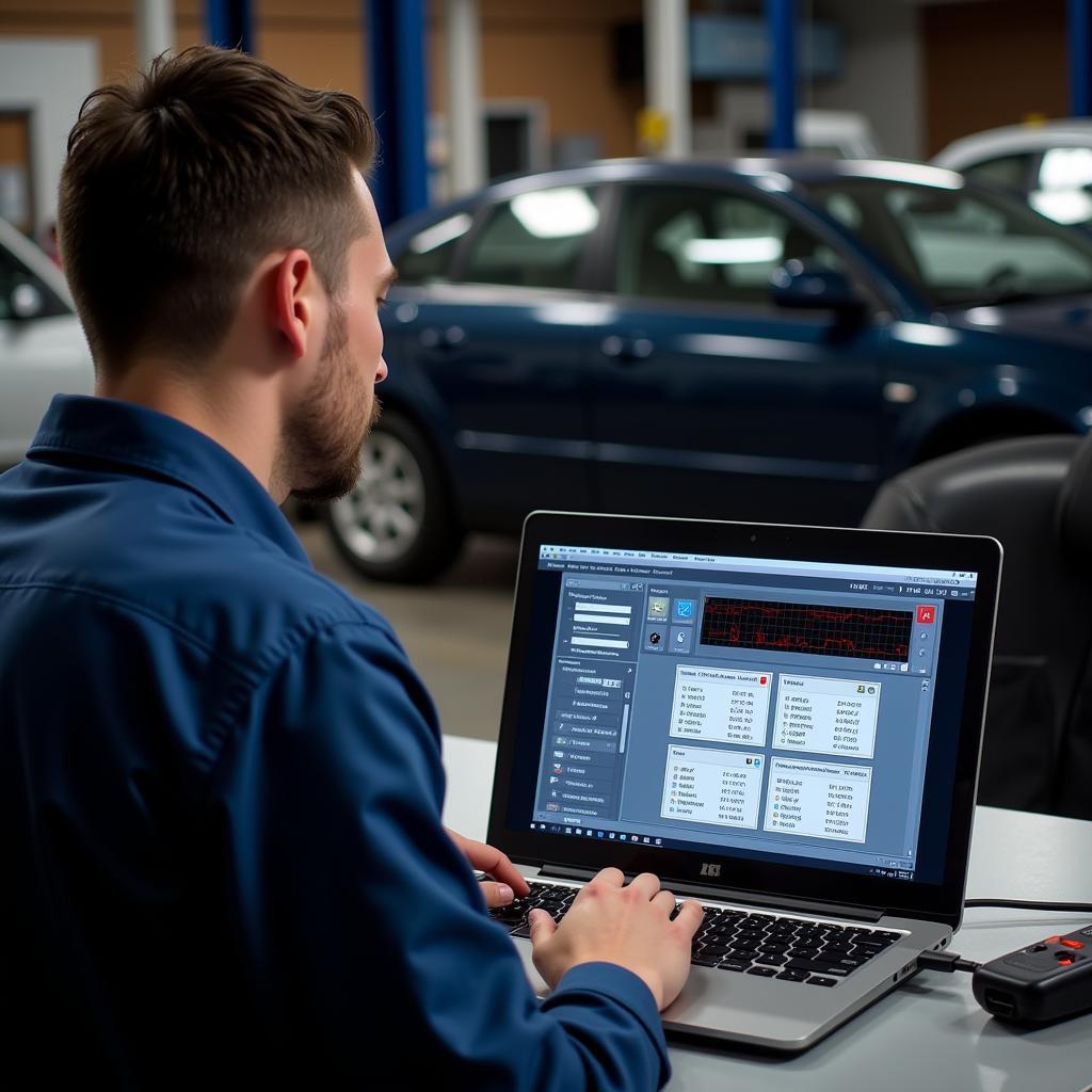 Mechanic Utilizing Diagnostic Software on Laptop to Troubleshoot Car Issue