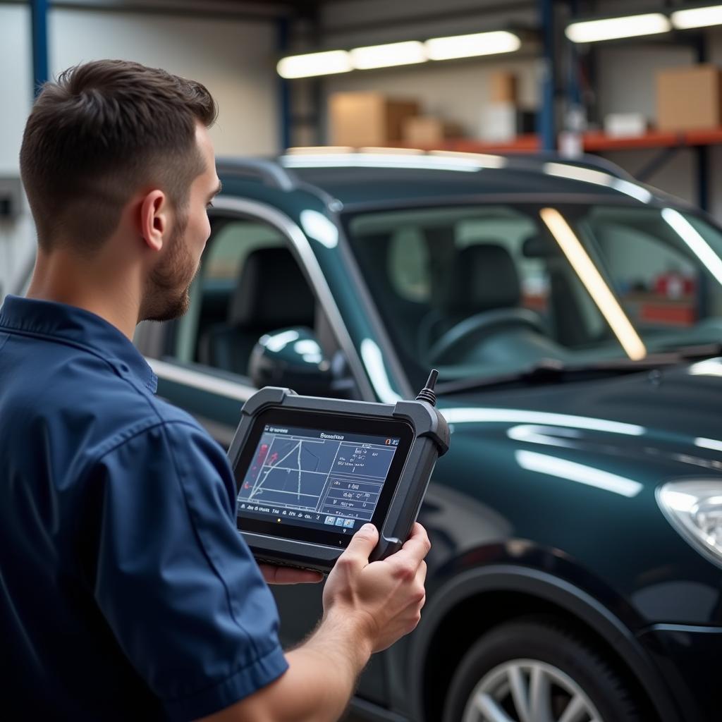 Mechanic Using GPS Diagnostic Tool in Workshop