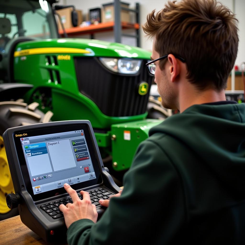 Mechanic Using John Deere Scan Tool Snap-on in Workshop