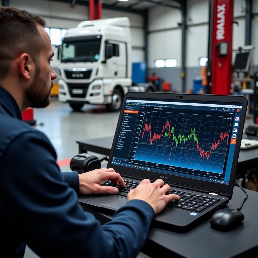 Mechanic Using MAN Truck Diagnostic Software