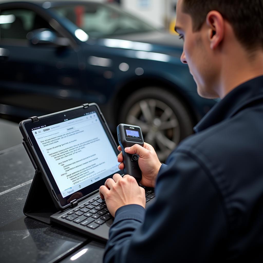 Mechanic Using OBD Bluetooth Car Scanner to Diagnose Car Problem