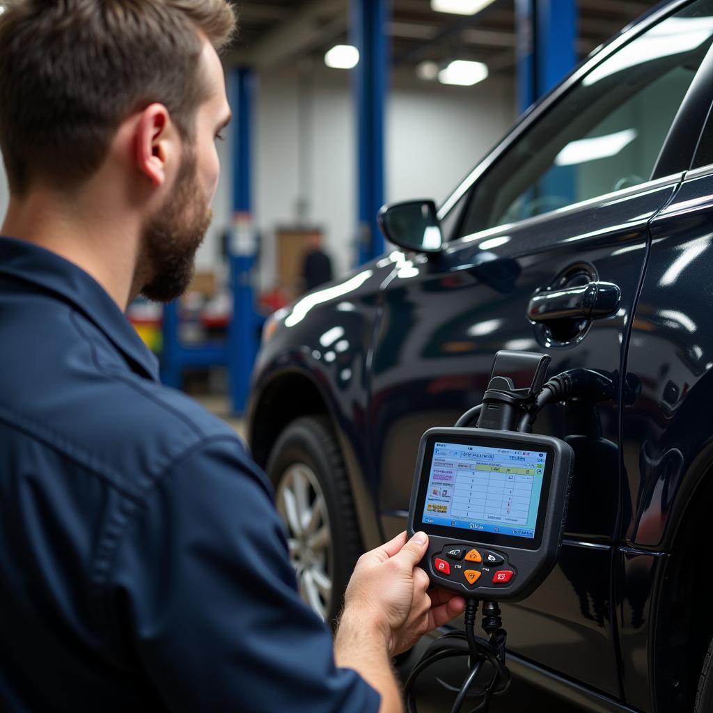 Mechanic Using an OBD II Scanner in a Workshop