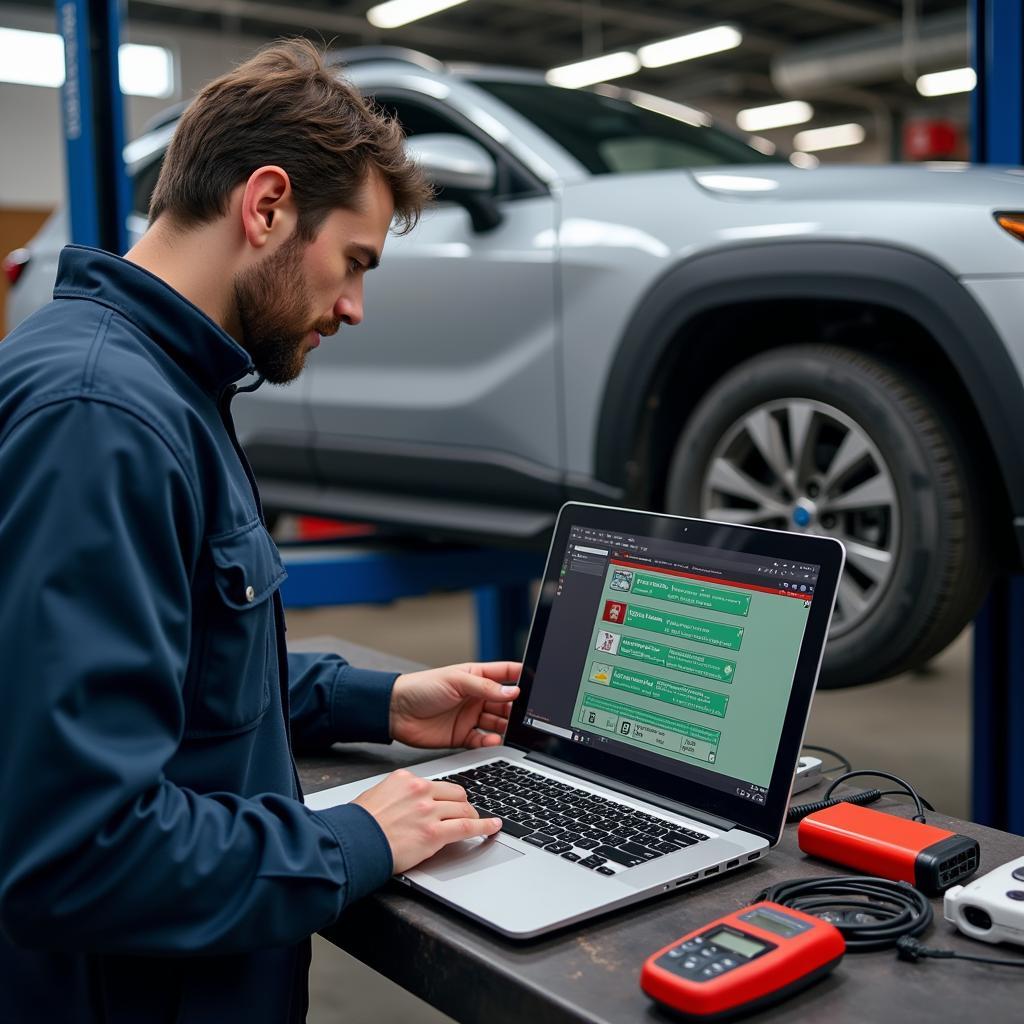 Mechanic Using OBD Scan Tool and Laptop