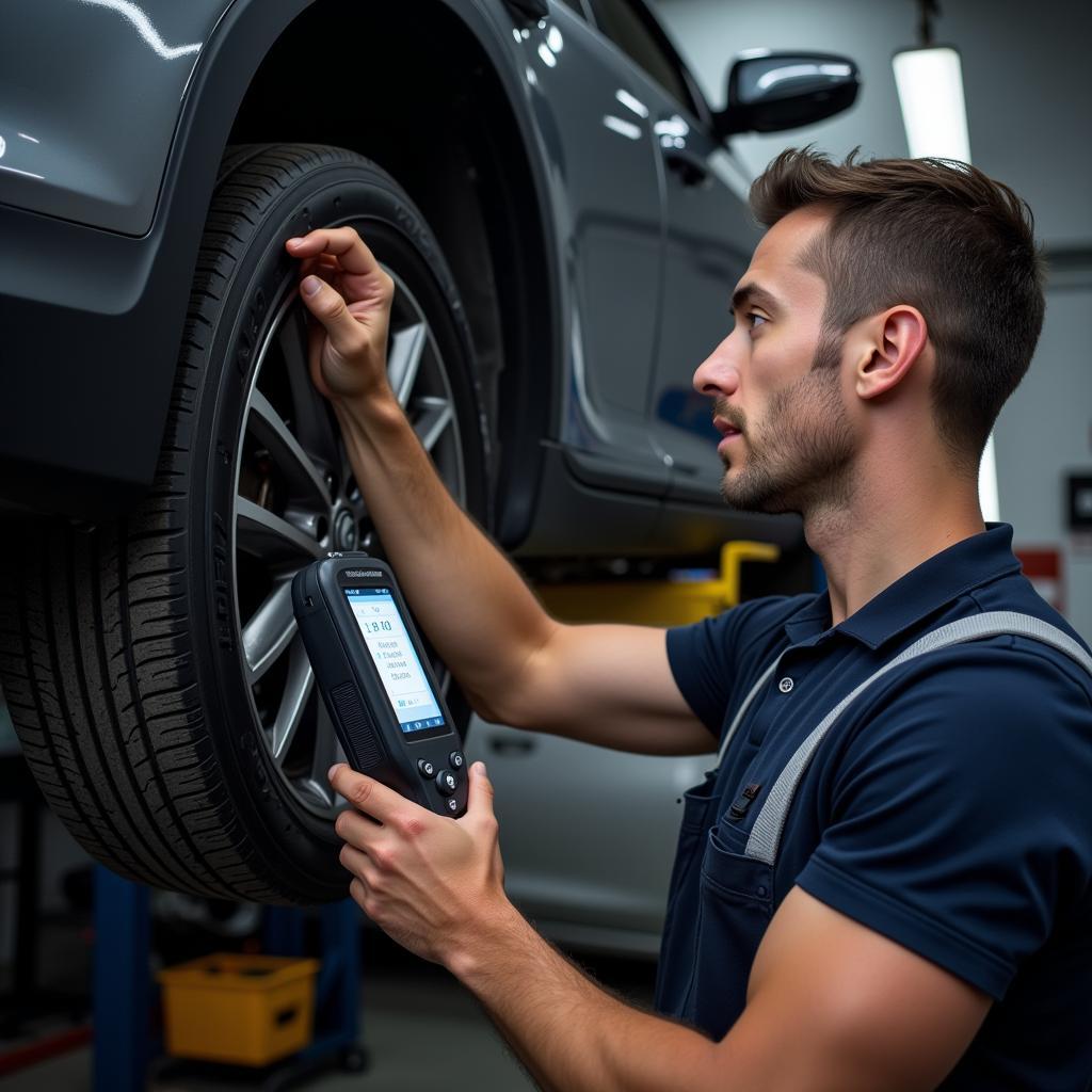 Mechanic using OBD2 scan tool in workshop