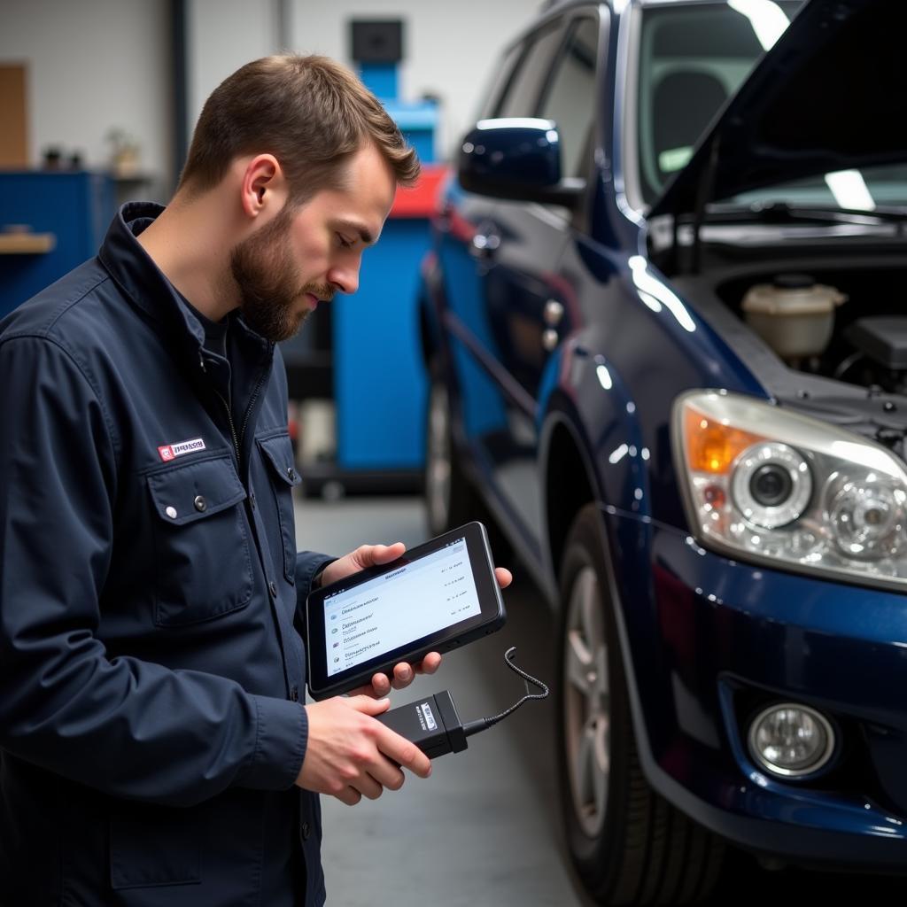 Mechanic Using OBD2 Scanner in Workshop