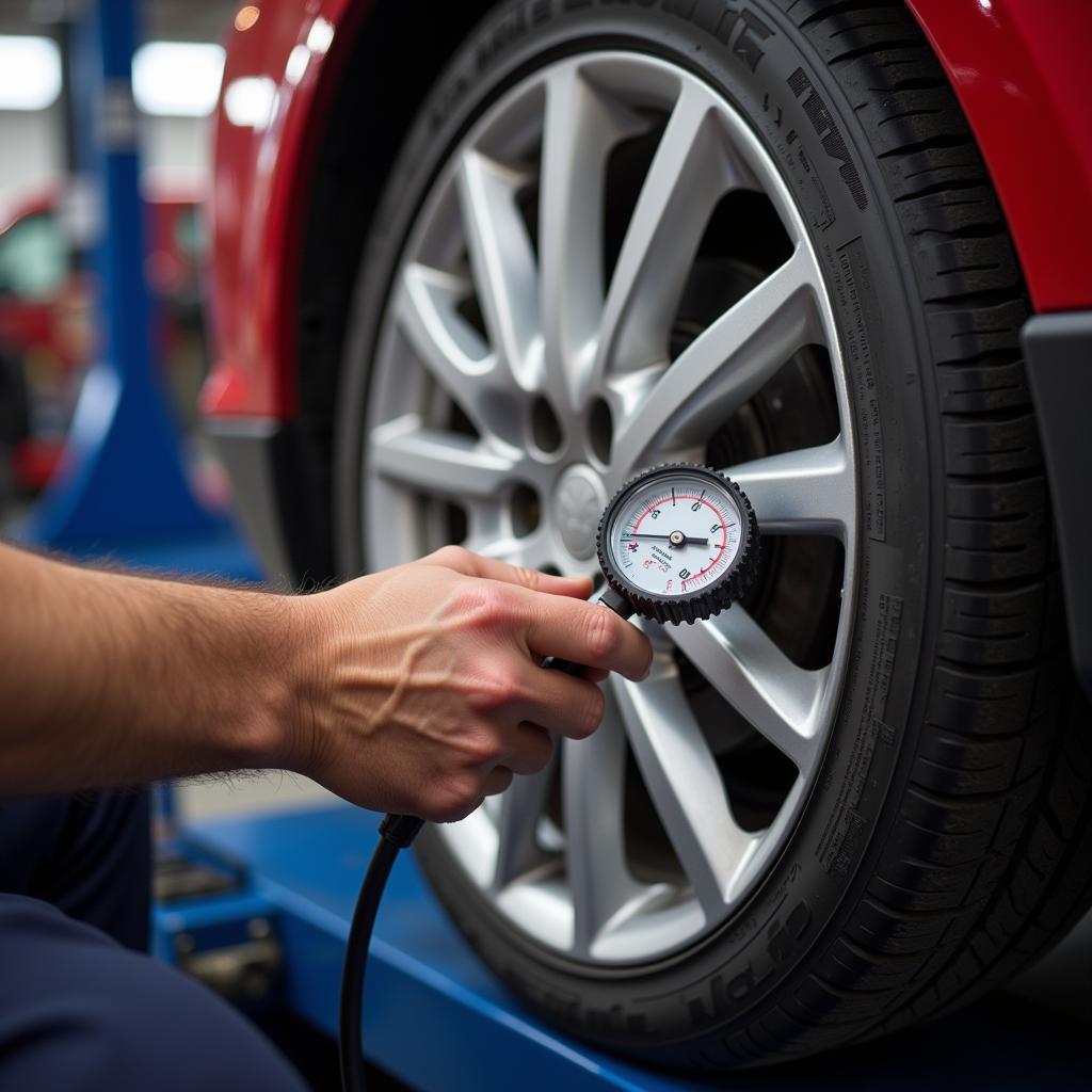 Mechanic Checking Tire Pressure with a Gauge