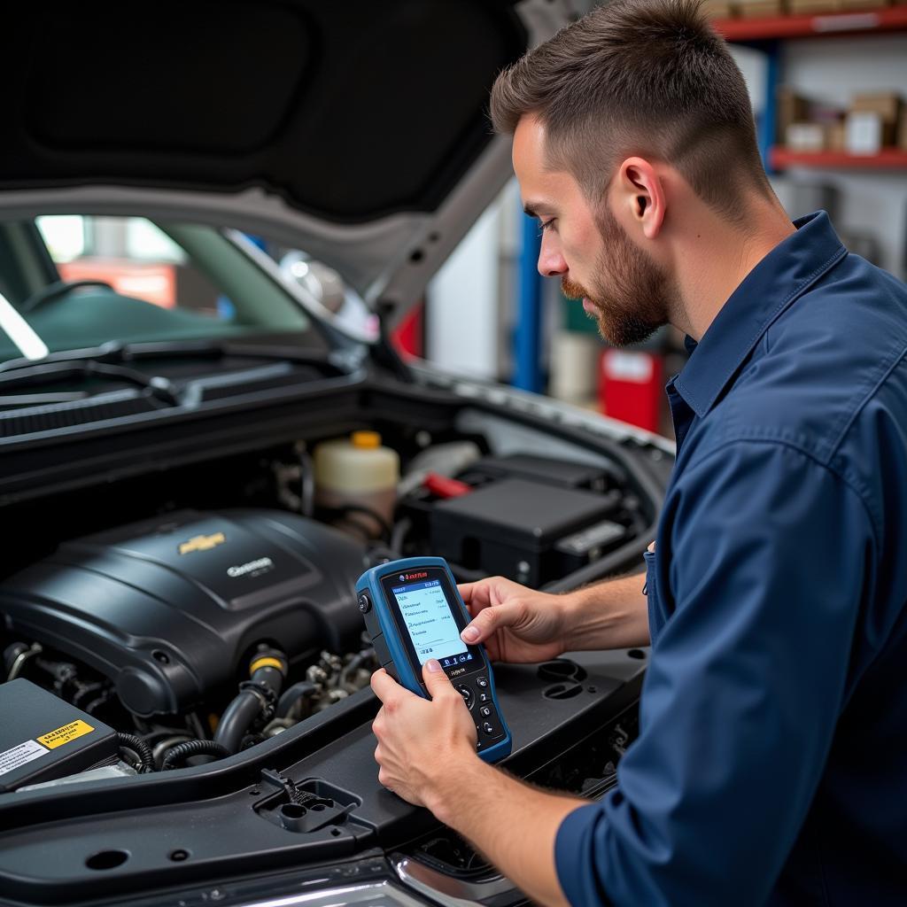 Mechanic Diagnosing a Chevy Engine with a Scan Tool