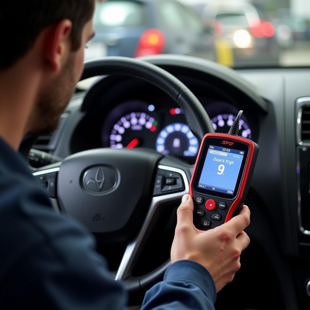 Mechanic Using Scan Tool to Reset Airbag Light