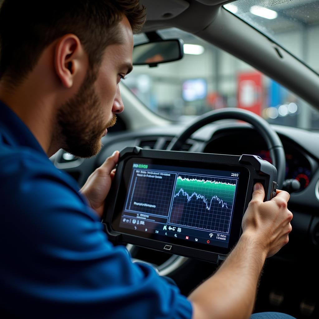 Mechanic Using Scanner to Diagnose Sensors