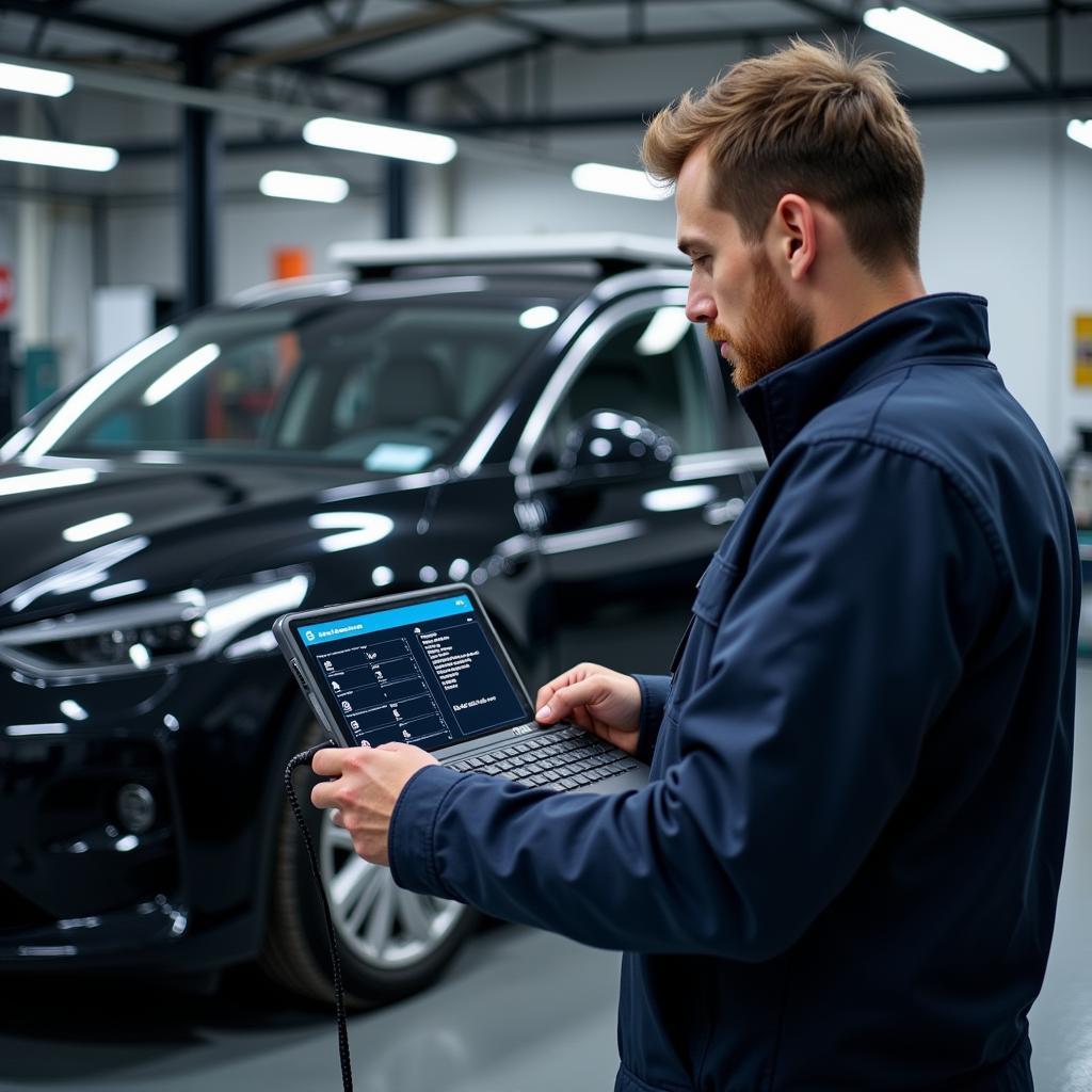 Mechanic diagnosing an electric vehicle using a server scan tool.