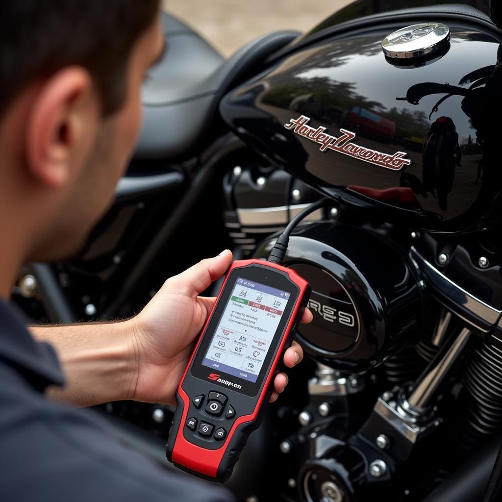 A mechanic using a Snap-on diagnostic tool on a Harley Davidson motorcycle.