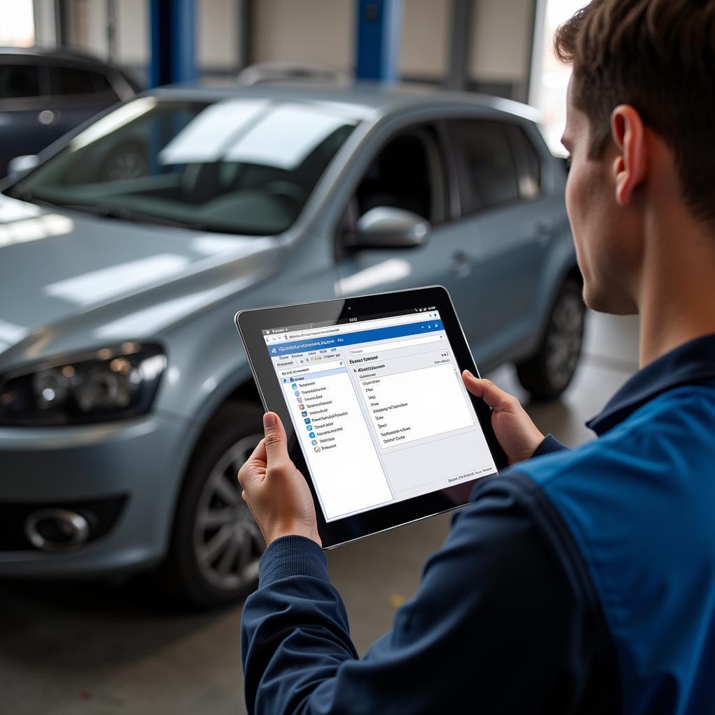 Mechanic Using SolarWinds WSUS Client Diagnostic Tool on Tablet