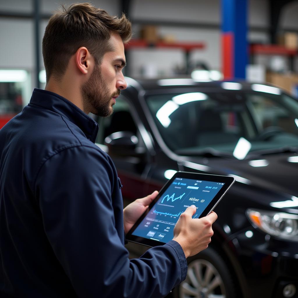 Mechanic using a Wifi Car Scanner in a Workshop