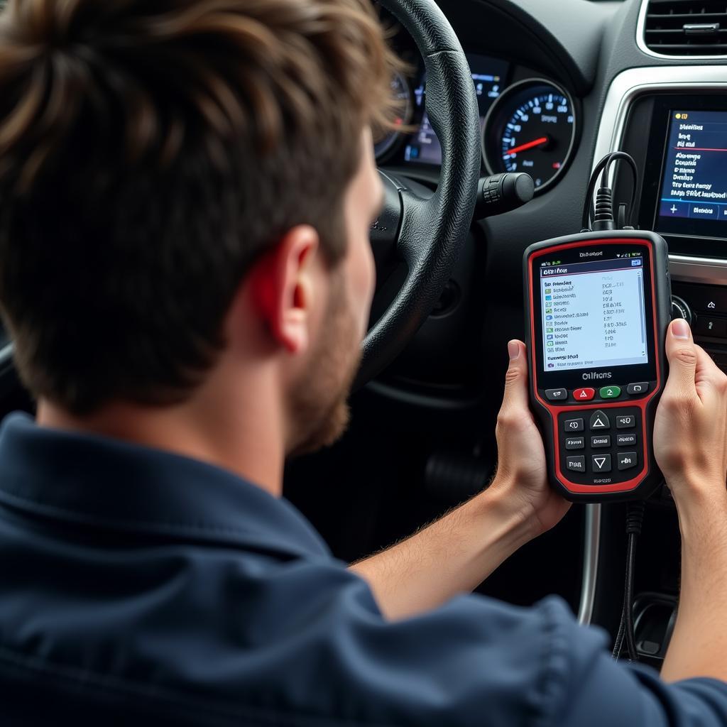 Mechanic Connecting OTC Diagnostic Tool to Car's OBD-II Port