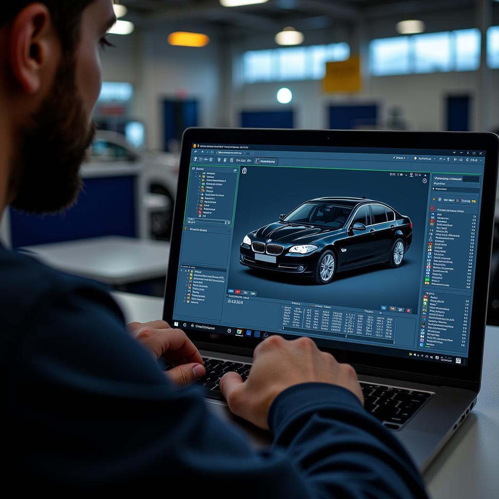 Technician performing remote diagnostics on a BMW E90