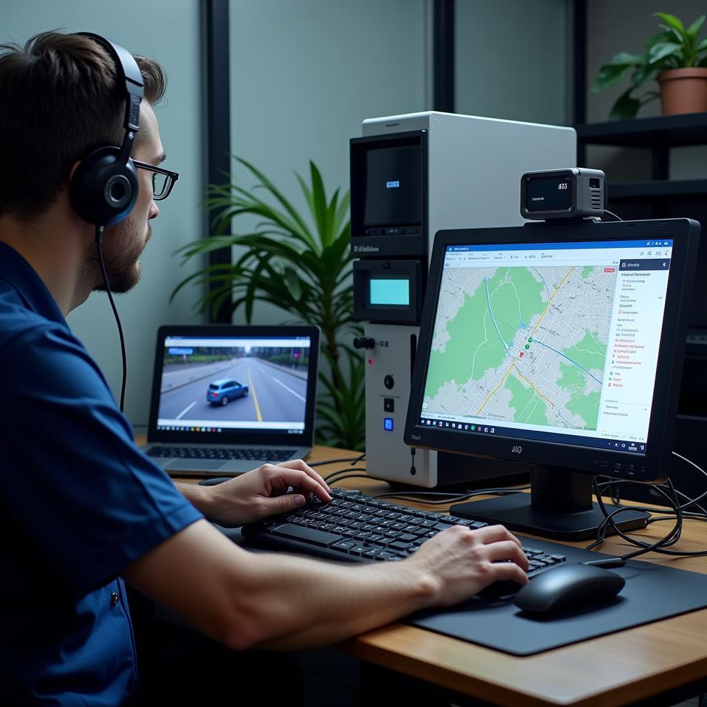 Technician Performing Remote Diagnostics Using Computer Scanner