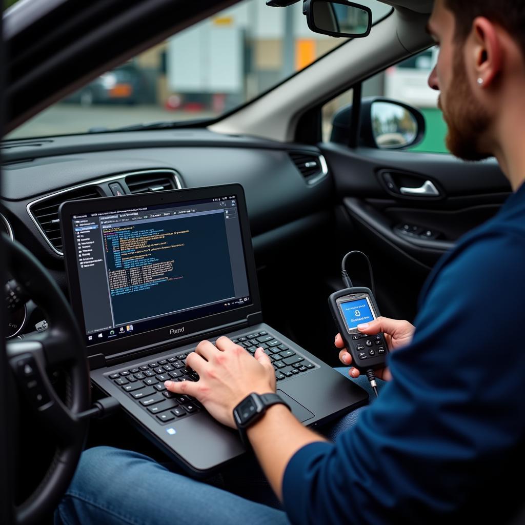 Technician Using Bootable Diagnostic Tool on Car