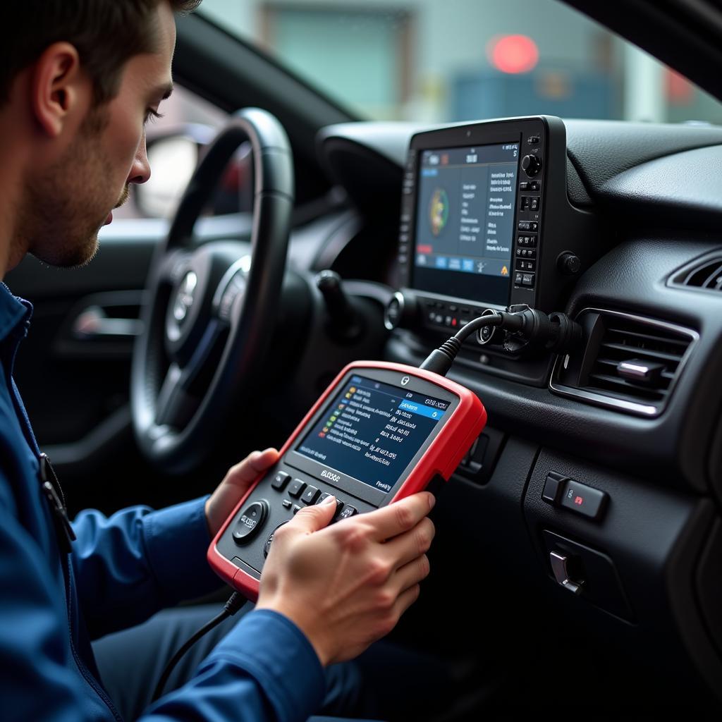 Technician Using Diagnostic Tool on Car