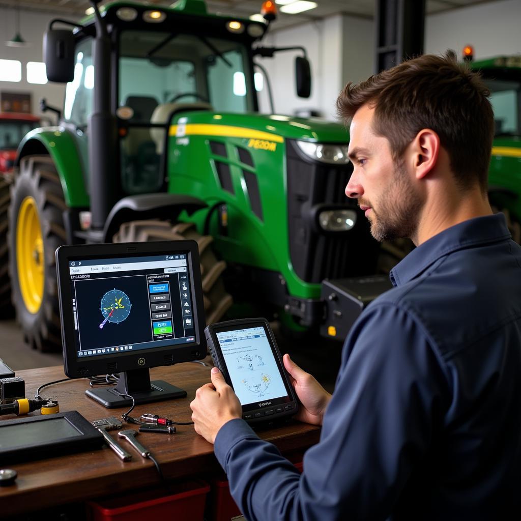 Mechanic Using Scan Tool to Repair Tractor