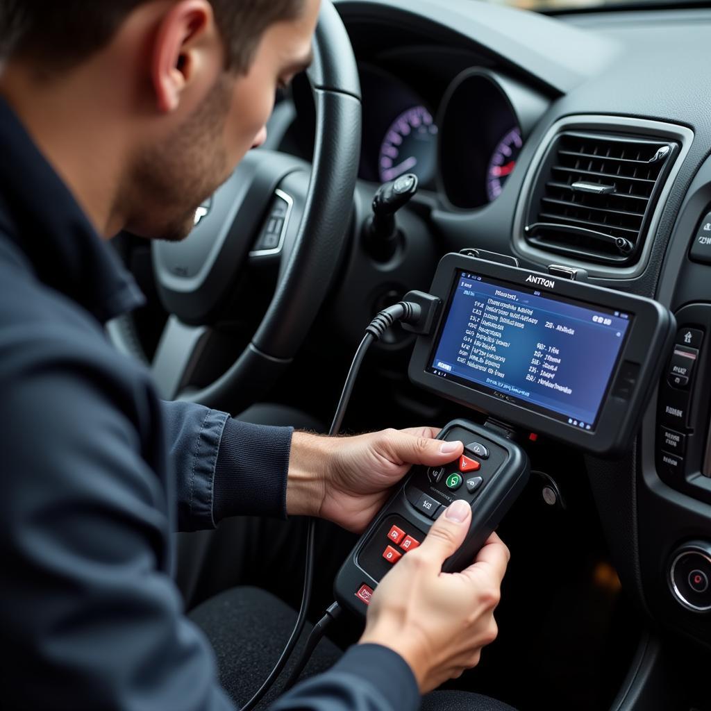 Mechanic using an Amtron car scanner