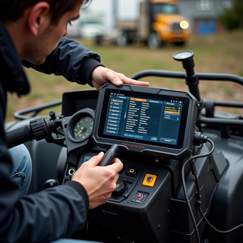 Technician using an Arctic Cat diagnostic tool on an ATV