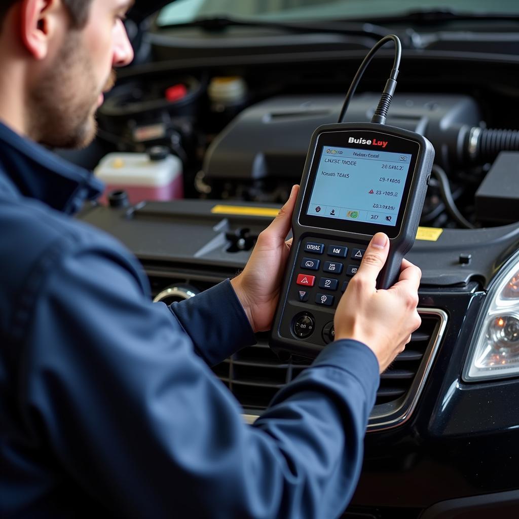 Mechanic using a diagnostic tool on a car