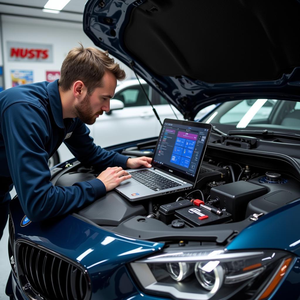 Mechanic using automotive scan tool laptop software