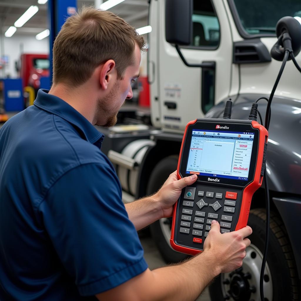 Mechanic Using Bendix Diagnostic Tool