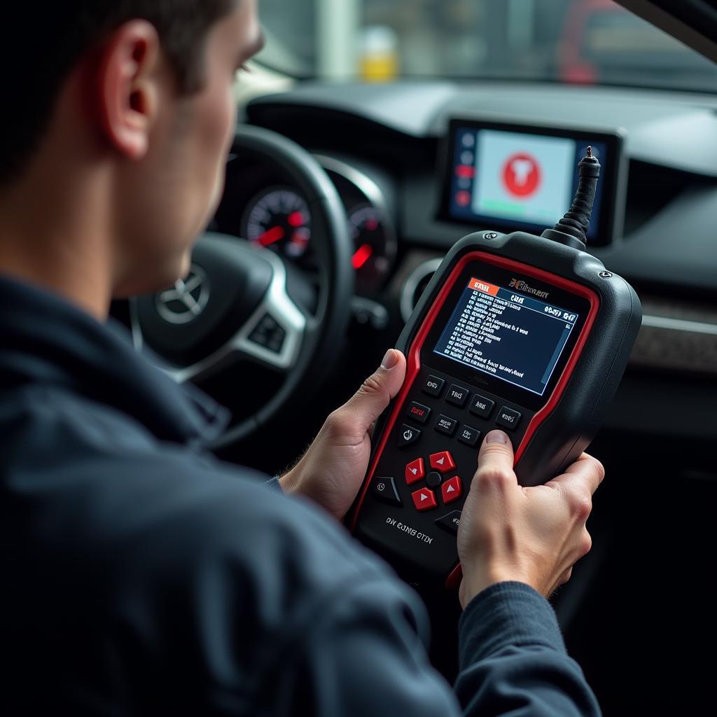 Mechanic using a diagnostic scanner on a car