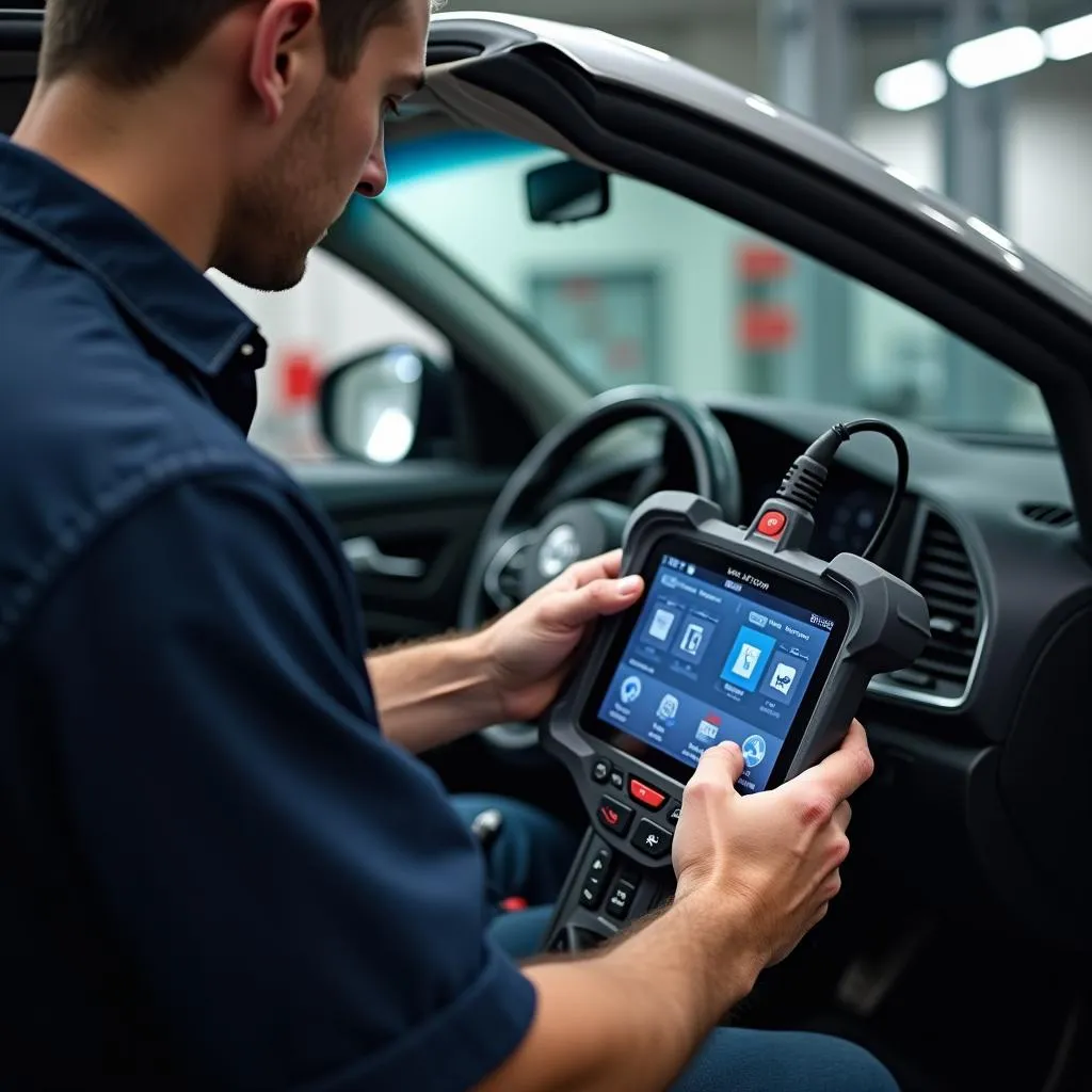 Mechanic using an automotive scan tool