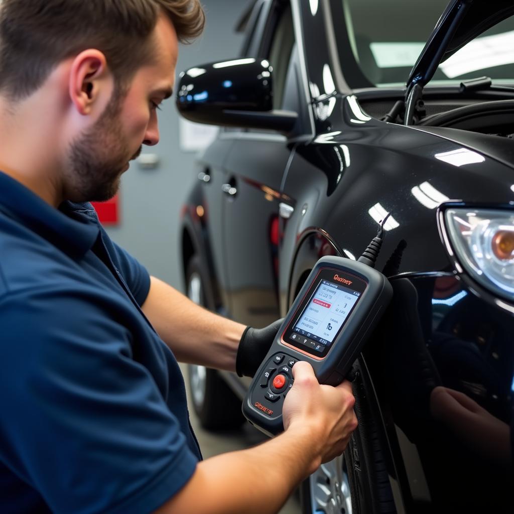 Mechanic using a diagnostic tool on a car in 2015