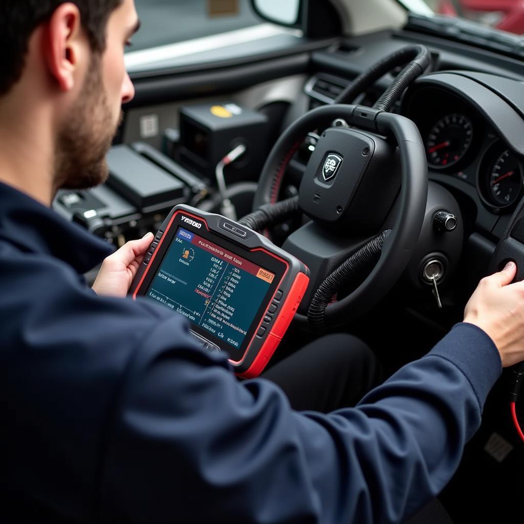 Mechanic using the best car scan tool to diagnose a vehicle