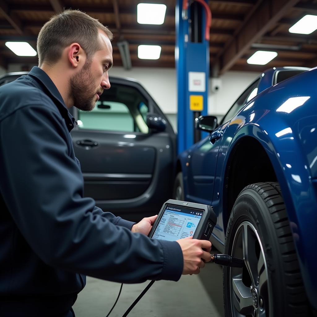 Mechanic using a bidirectional scan tool for car diagnostics