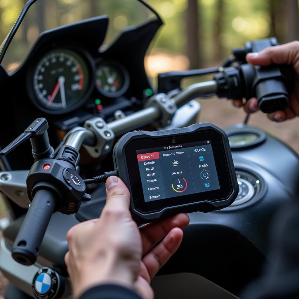 BMW R1250GS Diagnostic Tool Connected to a Motorcycle