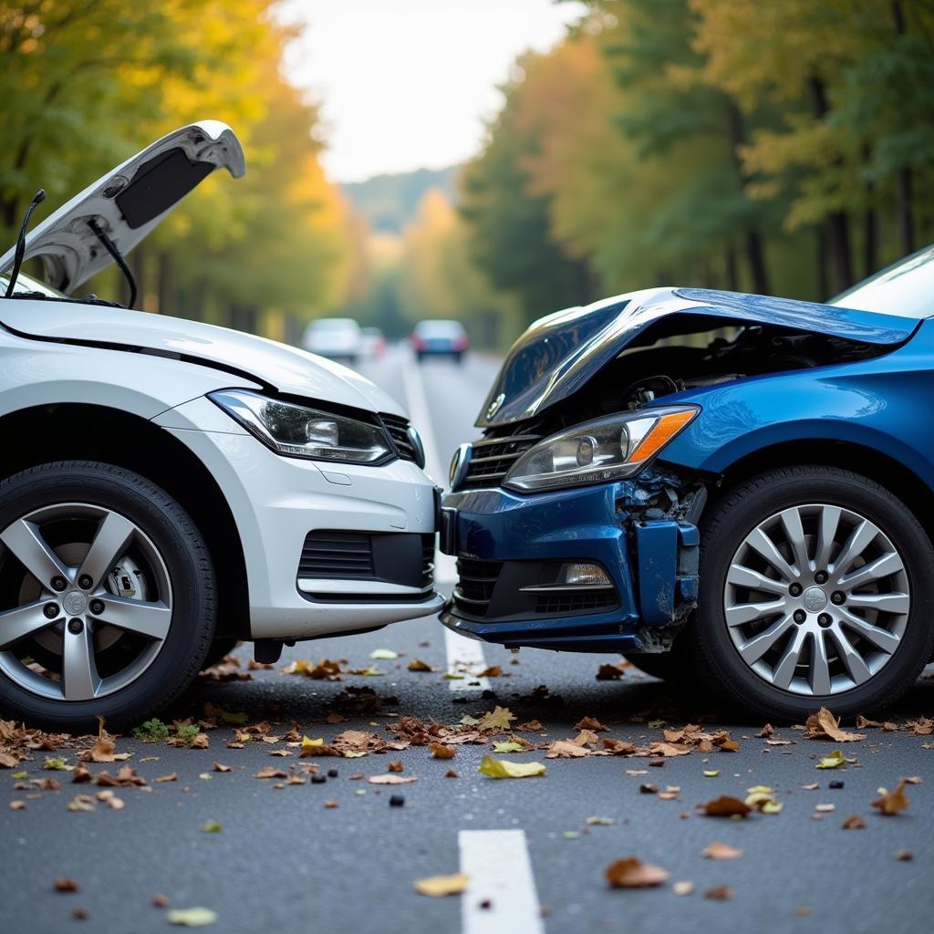 Two cars involved in a collision on a road