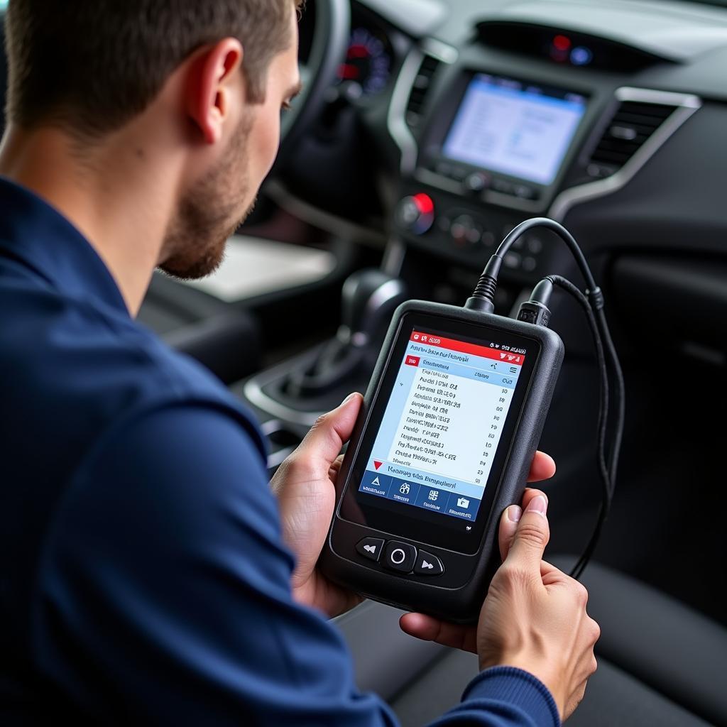 Mechanic using a car diagnostic tool to troubleshoot a vehicle