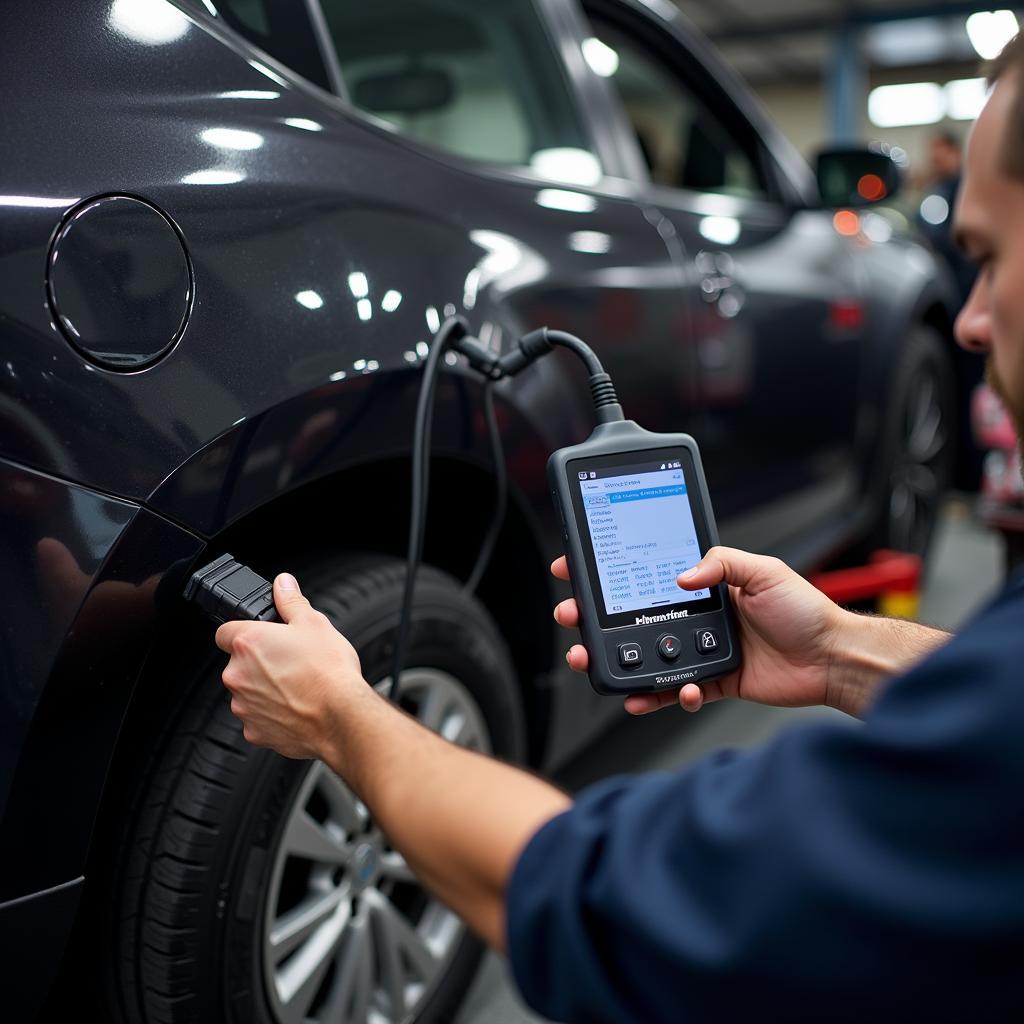 Mechanic using a car ECM scanner to diagnose a vehicle