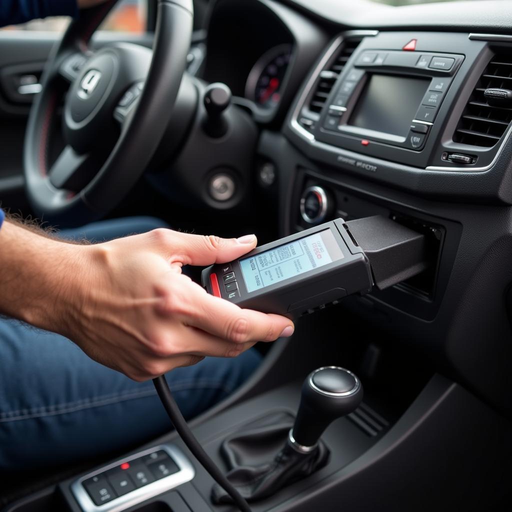 Mechanic using a car fault diagnosis scanner